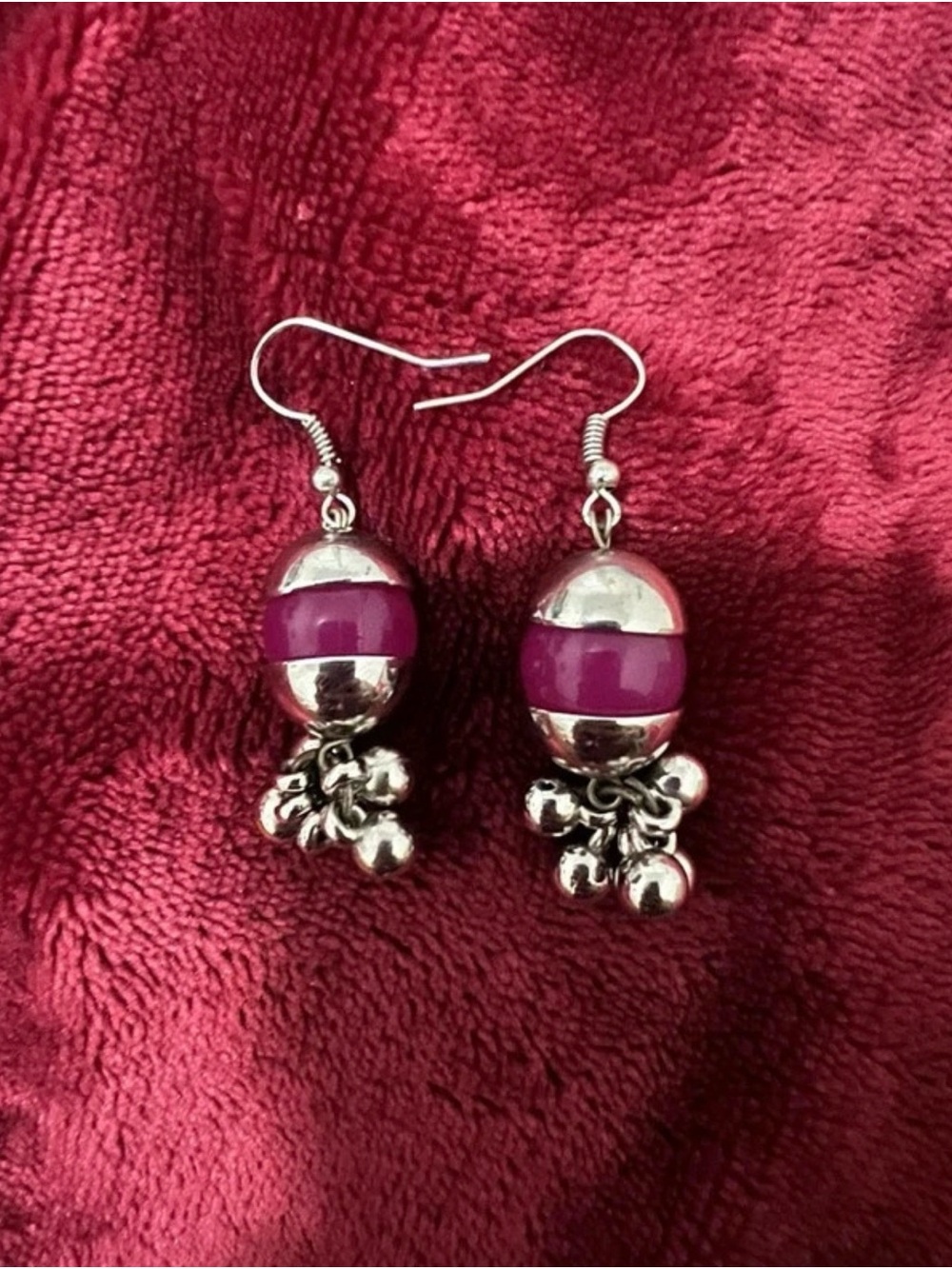 Silver-Tone Dangle Earrings with Purple Bead and Cluster Charms